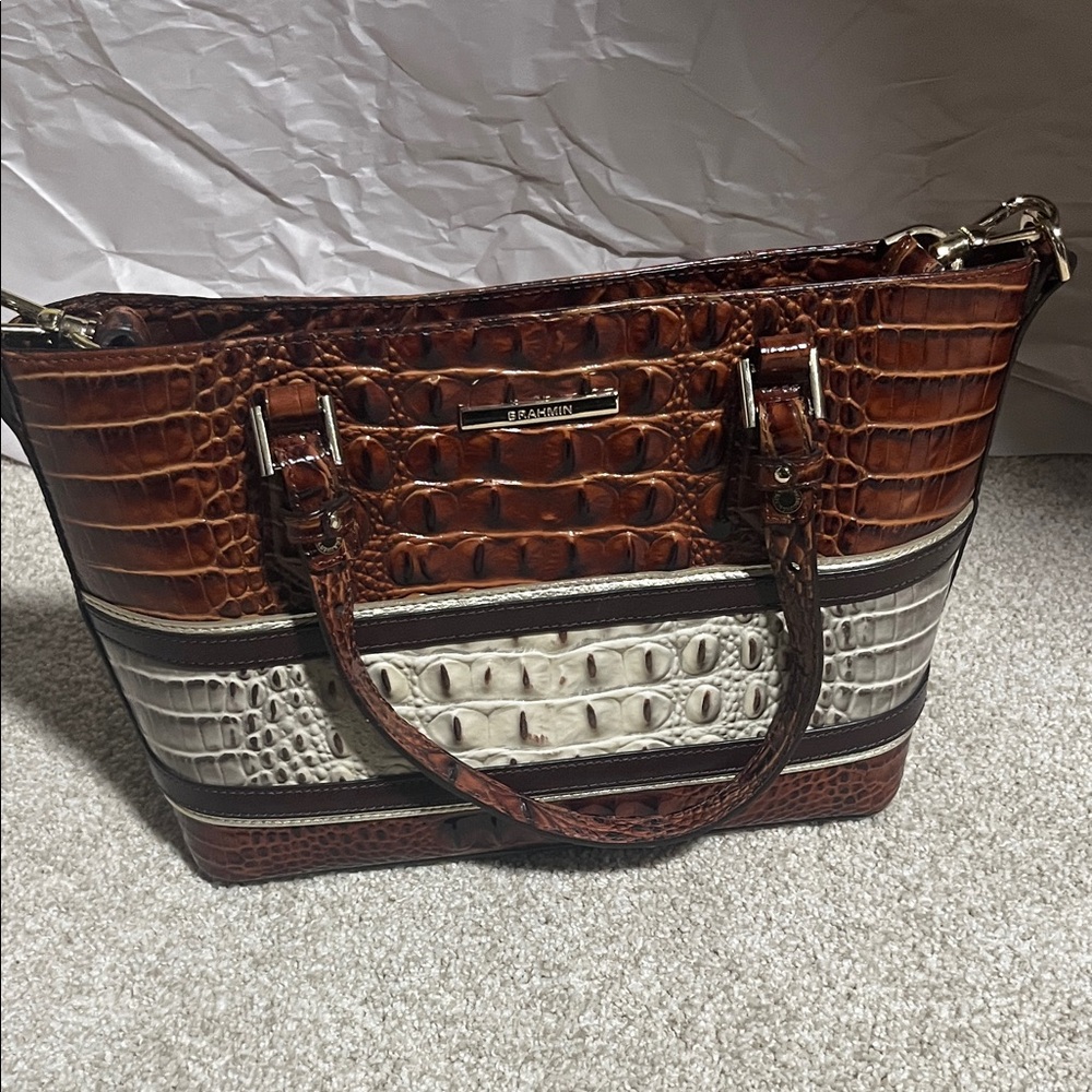 Brahmin Tan and Cream Croc-Embossed Mini Misha